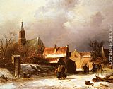 Charles Henri Joseph Leickert Figures on a Snow Covered Path with a Dutch Town beyond painting